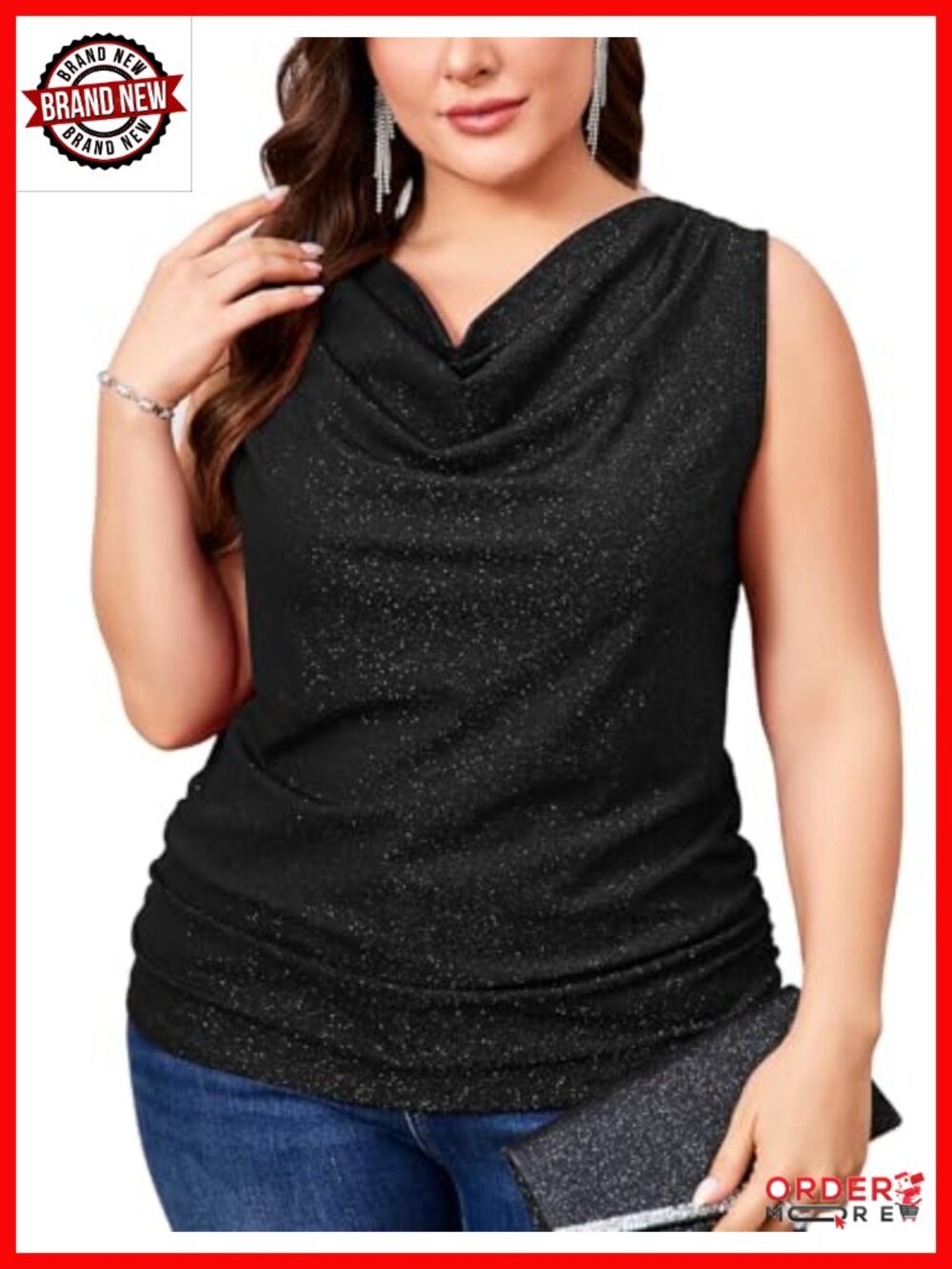 Plus Size Sparkly Glitter Ruched Tank Top Cowl Neck Sequin Shirt Party Outfit